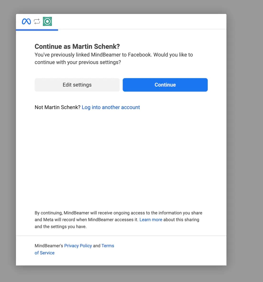 Facebook dialog “Continue as …?” with the “Edit settings” and “Continue” buttons