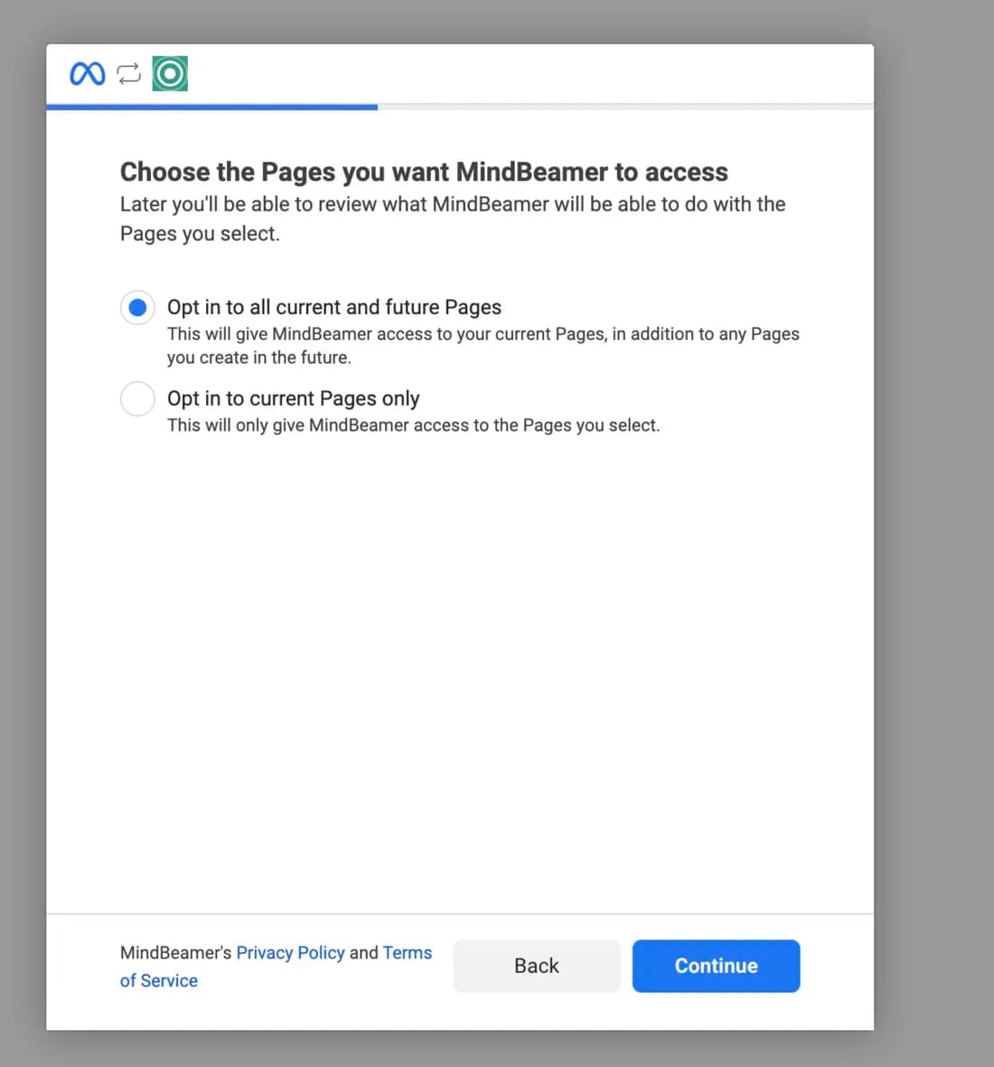 Facebook asks which Pages MindBeamer may access, with the top option selected