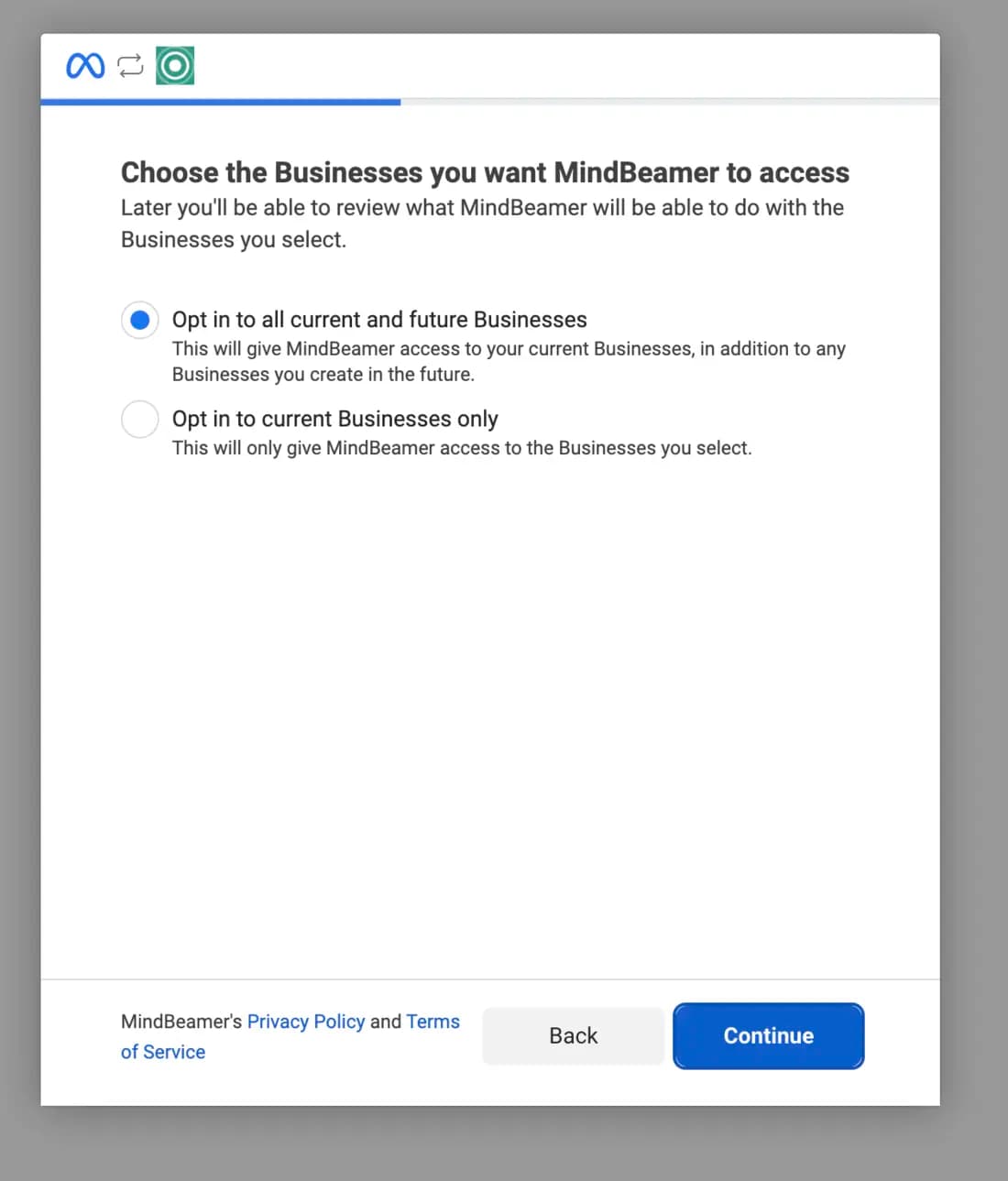 Facebook asks which Businesses MindBeamer may access, with the top option selected