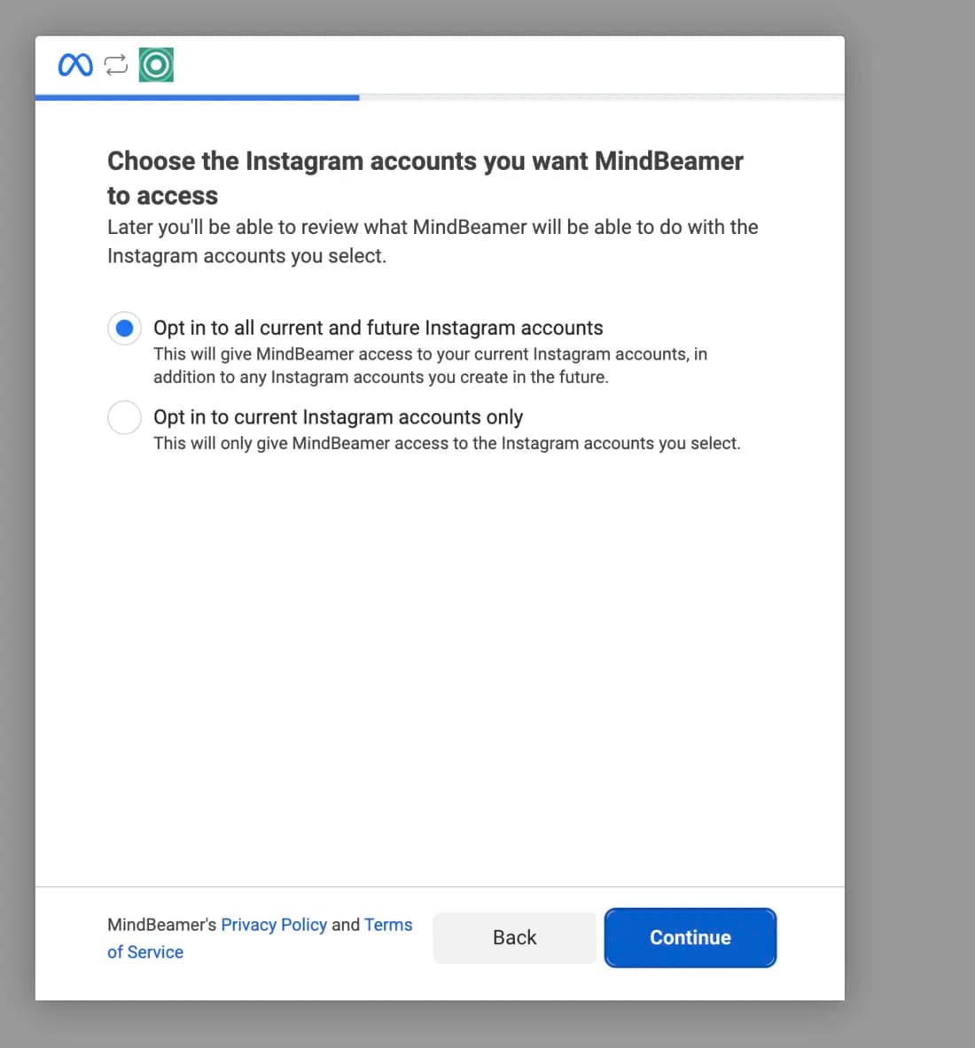 Facebook asks which Instagram accounts MindBeamer may access, with the top option selected