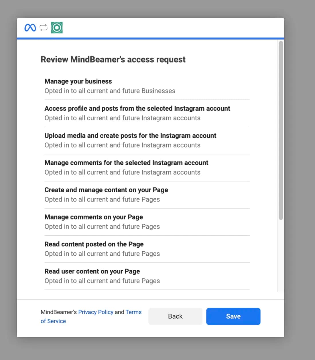 Facebook summarizes the access MindBeamer is requesting