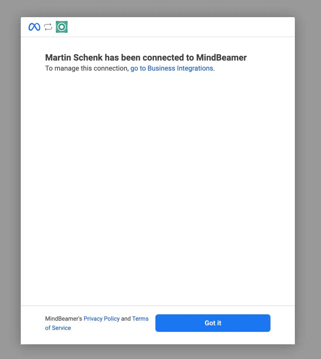 Facebook confirms your account is connected to MindBeamer