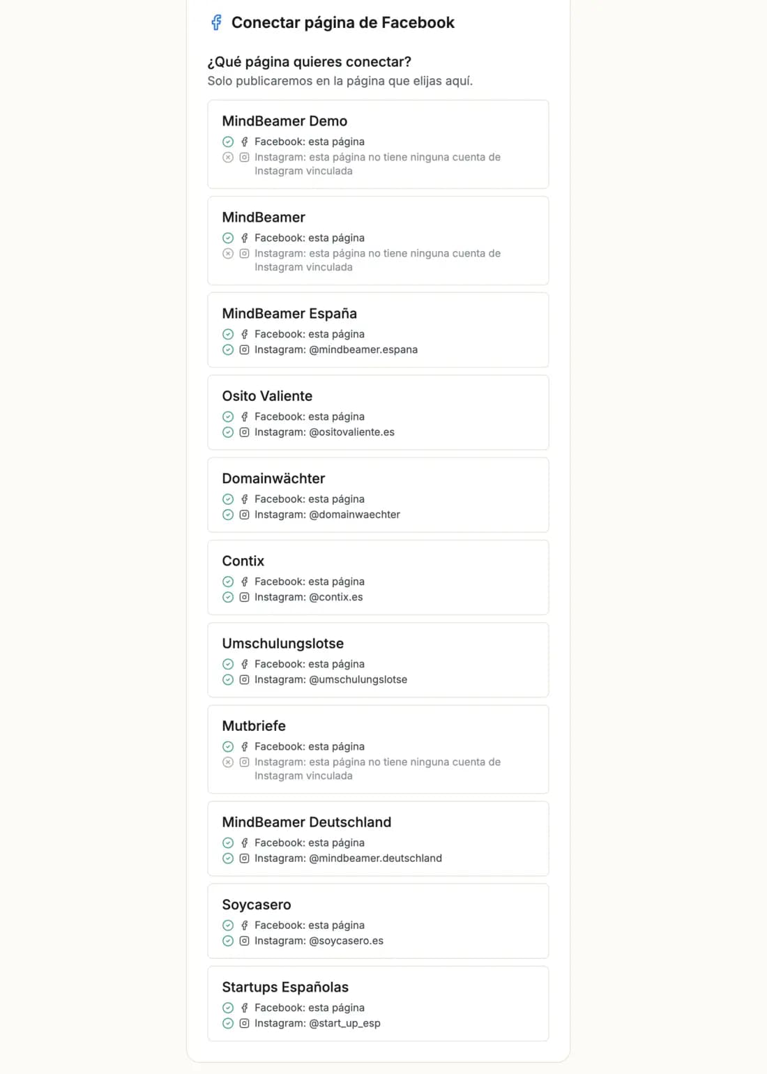 MindBeamer asks which Facebook page to connect, with several pages listed