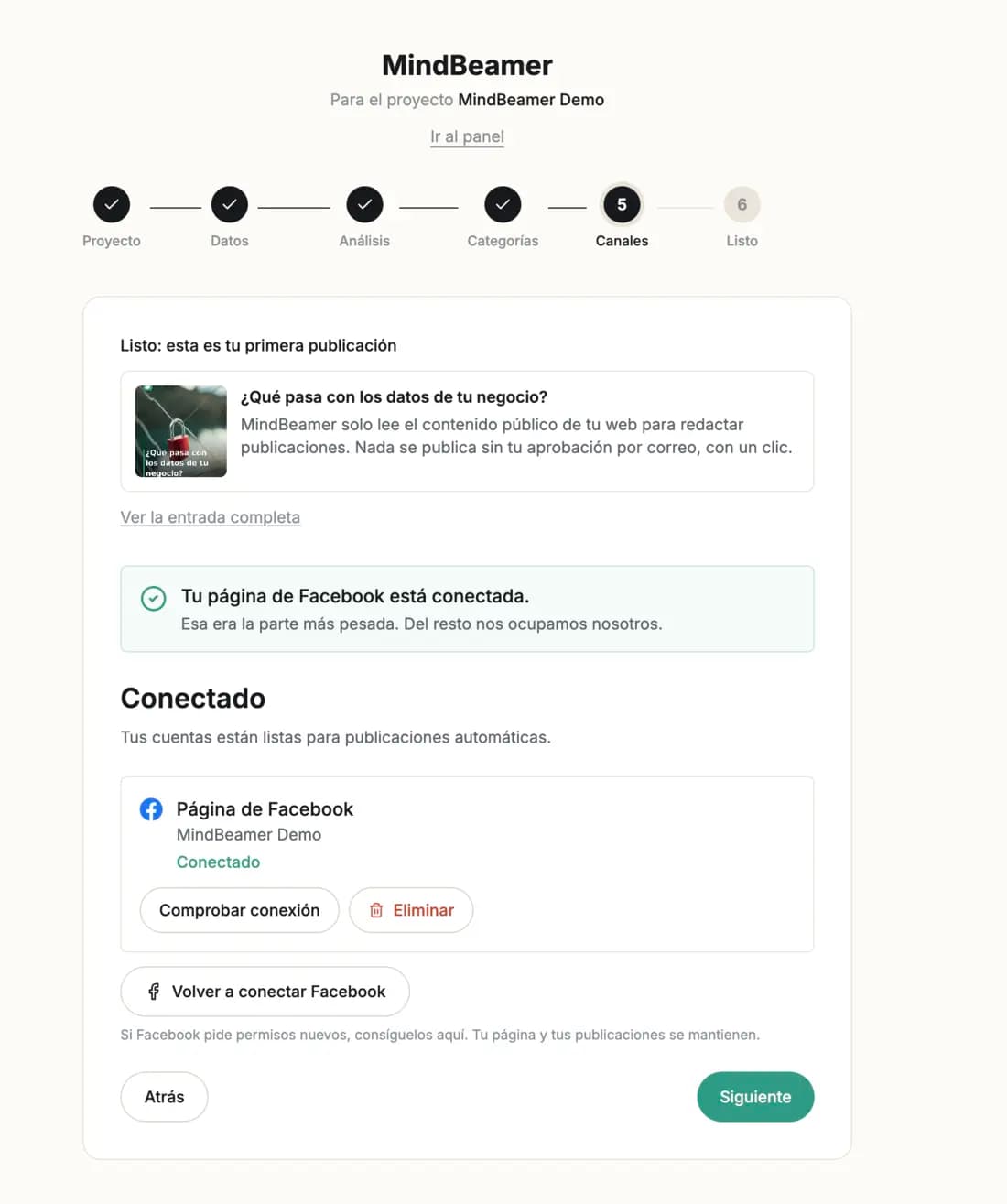 MindBeamer dashboard showing the connected Facebook page